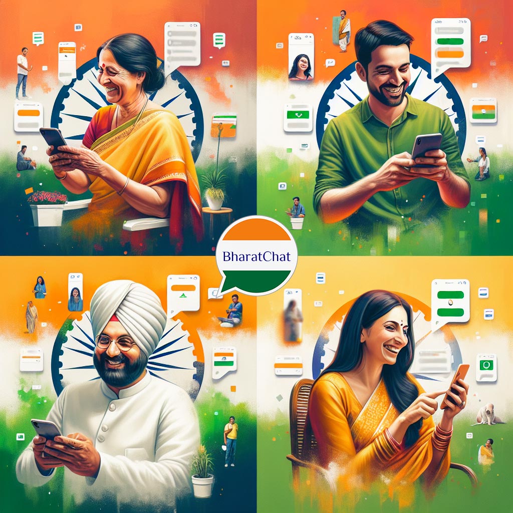 Diverse Indian users celebrating with BharatChat